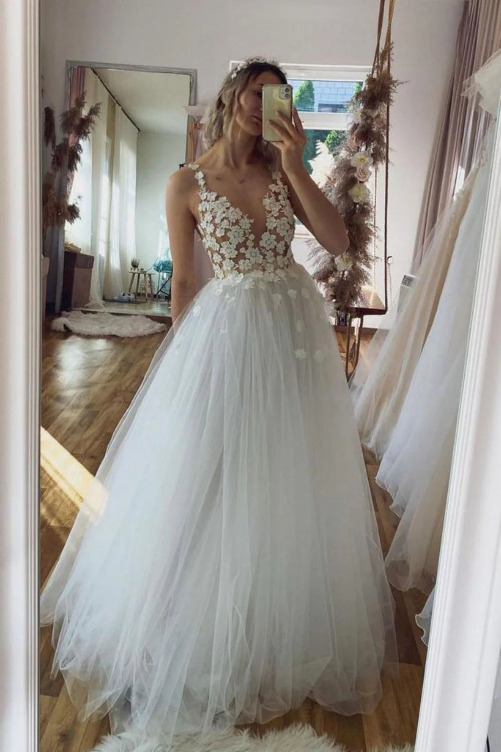 Shop and Save satin dressSheer A-Line Sweetheart Sleeveless Appliques Wedding Dress