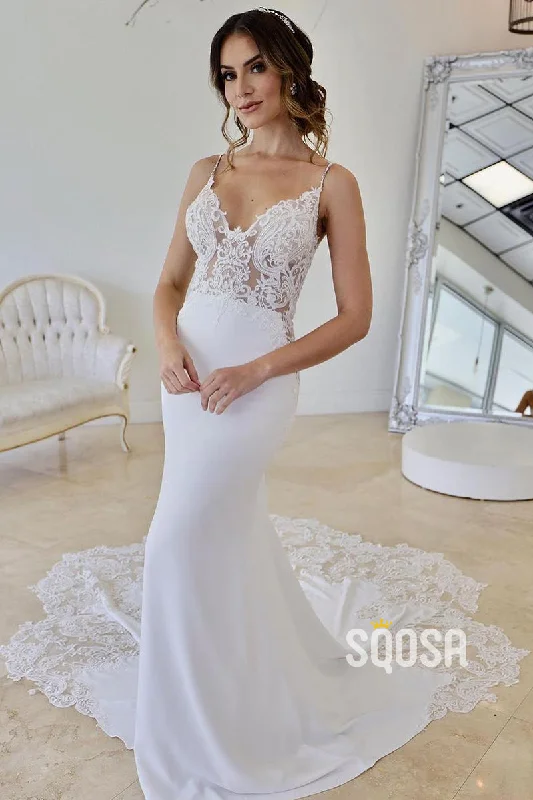 Deep Discounts stylish dressSpaghetti Straps V-Neck Lace Appliques Bohemian Wedding Dress QW2630