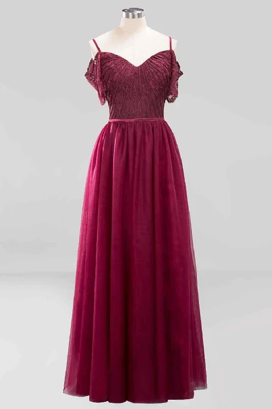 Quick Sale lace-up dressMulberry A-line Lace Off-Shoulder Pleated Tulle Long Bridesmaid Dress