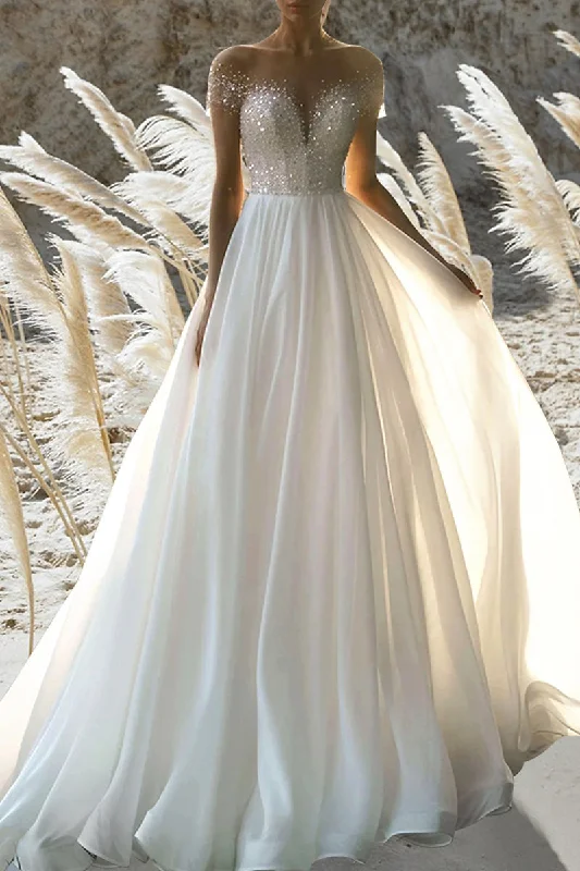 Mega Sale elegant shift dressBeach Formal Wedding Dress A line Short Sleeves Beading Summer Bridal Gown QW2387