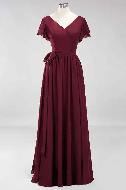 Best Bargains wool dressBurgundy A-line V Neck Surplice Chiffon Long Bridesmaid Dress with Sash