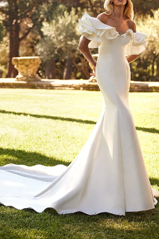 Today’s Special luxury dressUnique Off Shoulder Ruffles Satin Mermaid Wedding Dress with Court Train QW2287