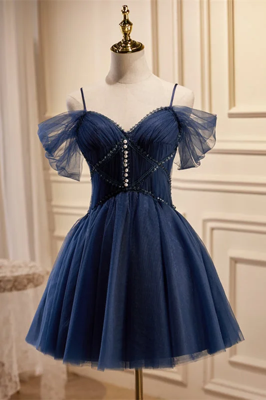 Epic Deals denim dressNavy Blue Off-the-Shoulder Beaded Pleated Homecoming Dress