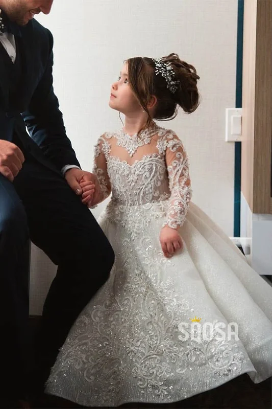 Limited Time Offer backless dressJewle Neckline Illusion Long Sleeves Appliques with Beadings Ball Gown Flower Girl Dress QF0827