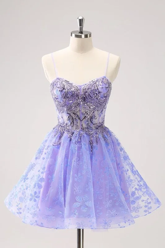 Super Bargain chic shift dressSparkly Lilac Floral A Line Corset Short Homecoming Dress