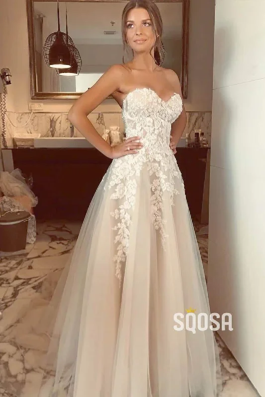 Shop and Save form-fitting dressSweetheart Tulle Lace Appliques A-Line Princess Wedding Dress Bride Gowns QW0847