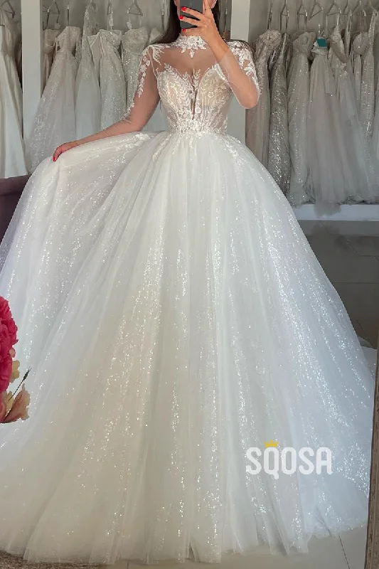 Exclusive Savings midi dressChic Tulle A-Line High Neck Lace Long Sleeve Glitter Appliques Wedding Dress QW8172