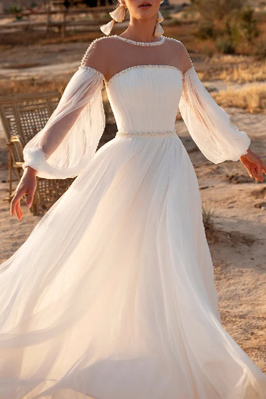 Fantastic Offers flowy dressA Line Illusion Neckline Pearls Long Sleeves Boho Wedding Dress QW0957