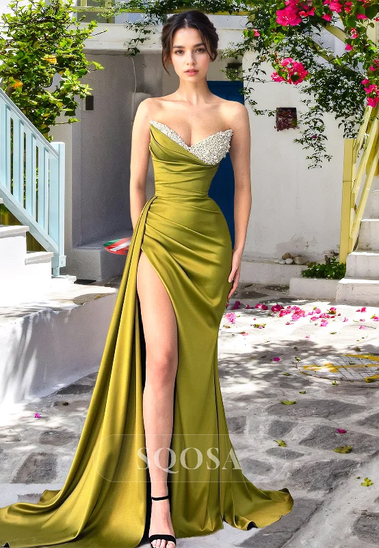 Savings Galore draped dressSweetheart Pearl Pleated Mermaid Prom Dress Off-Shoulder Sleeveless Party Gowns with High Slit
