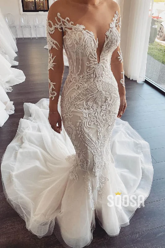 Deal of the Day floral dressUnique Illusion Neckline Luxury Lace Appliques Mermaid Wedding Dress QW2487