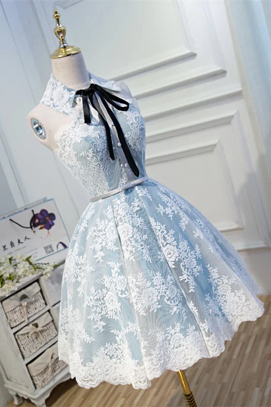 Deal Dash ashionable dressLight Blue Bow Tie High Neck Lace Homecoming Dress