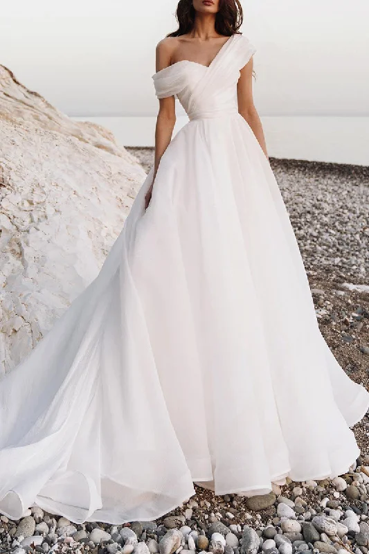 Value Deals minimalistic dressA Line One Shoulder Organza Pleats Hall Casual White Wedding Dress QW2662