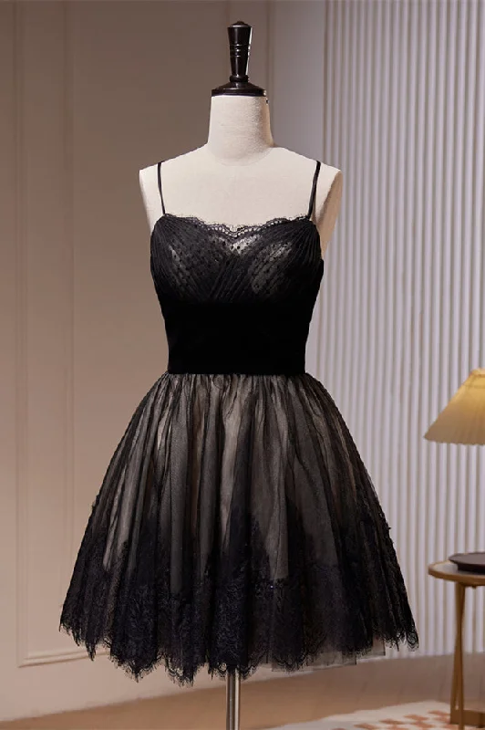 Midnight Madness chic wrap dressBlack Lace Pleated Straps Tulle Homecoming Dress