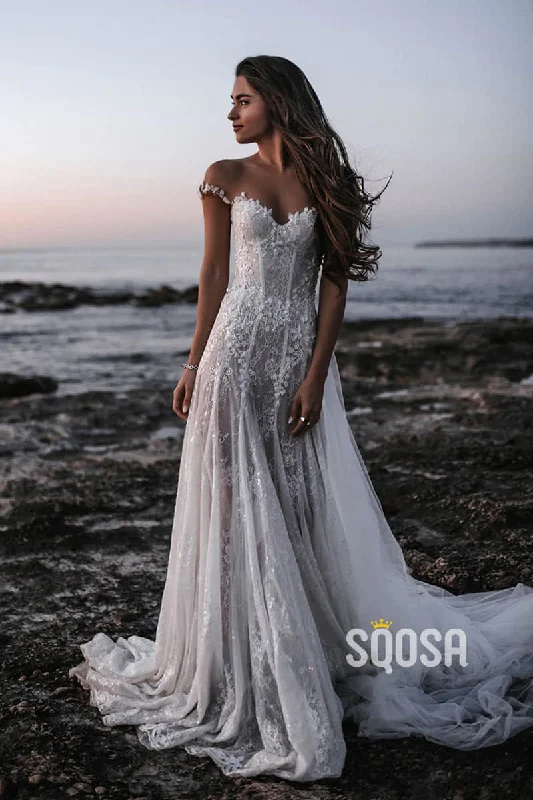 Final Markdown elegant evening dressA-line Illusion Neckline Lace Bohemian Wedding Dress QW2321