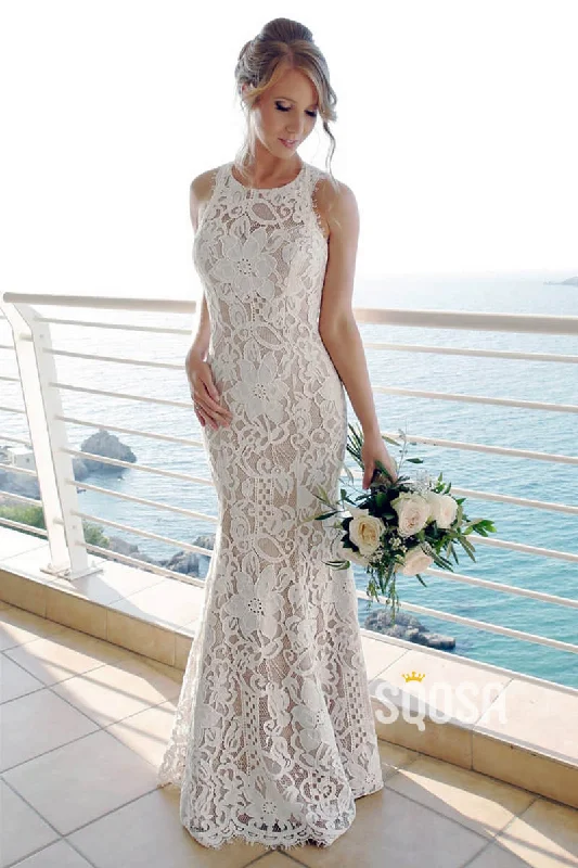 Discount Deals casual summer dressUnique Bateau Neckline Lace Mermaid Wedding Dress QW2452