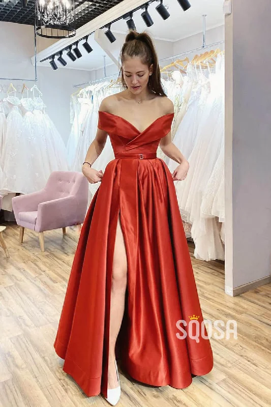 Buy More, Save More stylish dressOff-the-Shoulder A-Line Satin Spalit Long Prom Dress with Pockets QP1087 Buy More, Save More stylish dressOff-the-Shoulder A-Line Satin Spalit Long Prom Dress with Pockets QP1087