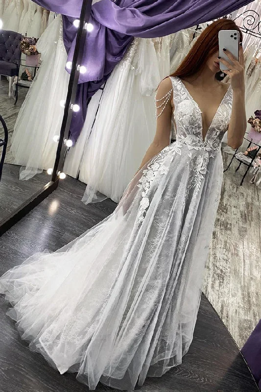 Today’s Special Modern V Neck Sleeveless Aline Wedding Dress Floral Lace Bridal Dress