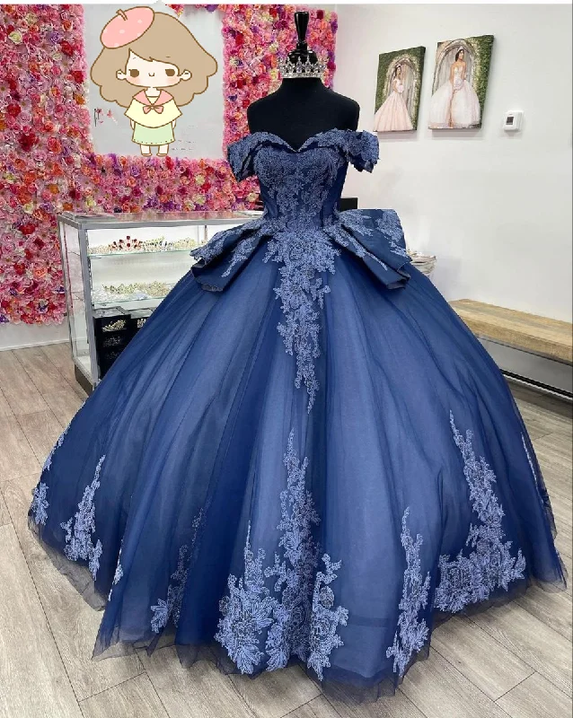 Super Savings flowy maxi dressNavy Off The Shoulder Tulle Lace Quinceanera Dress,Navy Blue Ball Gown Sweet 15 Dress  Y2985