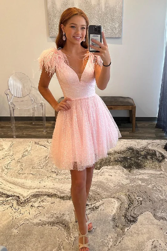 Amazing Deals long sleeve dressA Line V Neck Feathers Pink Cute Homecoming Dress QH2316