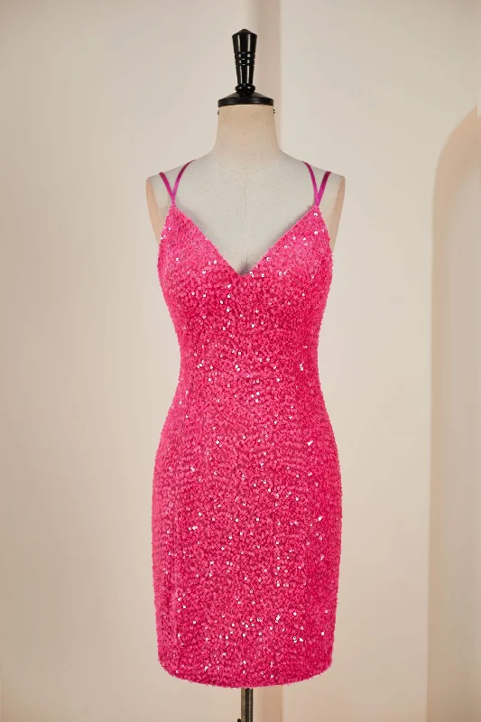 Markdown Madness draped dressHot Pink Sequins Sheath Deep V Neck Lace-Up Homecoming Dress