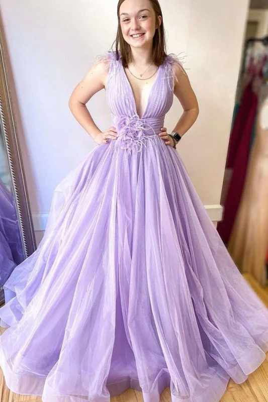 Clearance Event Lilac Tulle Long Prom Dresses, Long V-neck Formal Evening Dress ZXS270