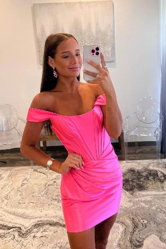 Daily Deals winter dressSheath/Column Off Shoulder Satin Pleats Pink Cute Homecoming Dress Short Graduation Dress QH2464