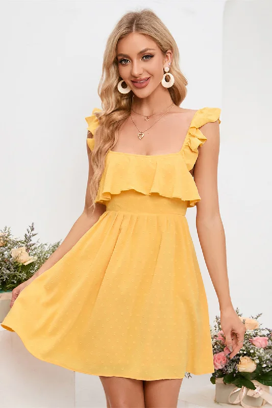 Big Discounts stylish dressYellow Flutter Sleeves Square Neck Bow Tie Homecoming Dress