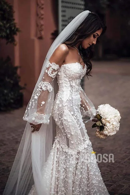 Exclusive Offers flowy dressLuxury Lace Mermaid Wedding Dress Off-the-Shoulder Illusion Long Sleeve Bridal Gowns QW0831