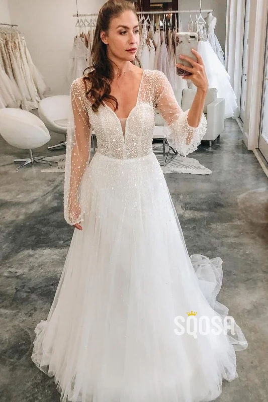 Savings Spectacular tiered dressA-line V-neck Long Sleeves Sparkly Wedding Dress QW2672