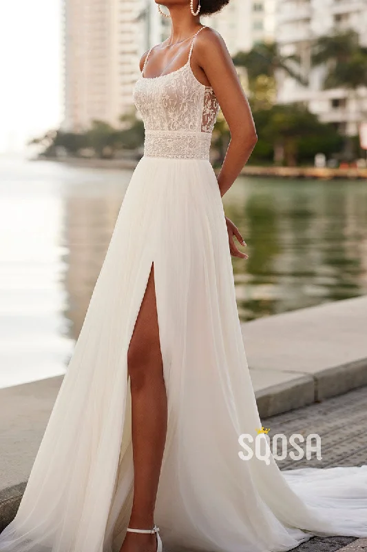 Limited Time Discount casual day dressBateau Spaghetti Straps Lace Applique With Side Slit Tulle Beach Wedding Dress QW8209