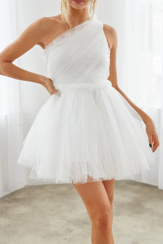 Hot Deal ruffle dressA Line One Shoulder Tulle Short Homecoming Party Dress QH2358