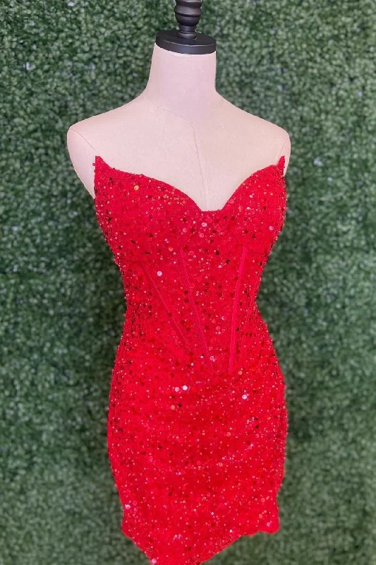 Instant Discount summer dressRed Strapless Sheath Sequins Homecoming Dress
