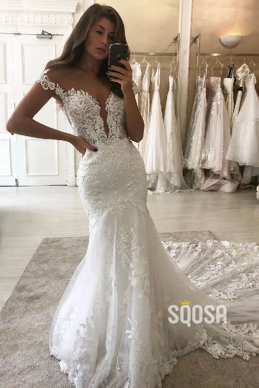 Limited Quantity boho dressIllusion Cap Sleeves Mermaid Wedding Dress Lace Wedding Gowns QW0950