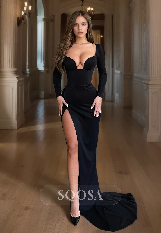 Best Seller boho-chic dressSweetheart Long Sleeves Formal Gowns High Split Pleated Satin Mermaid Prom Dress with Sweep Train Best Seller boho-chic dressSweetheart Long Sleeves Formal Gowns High Split Pleated Satin Mermaid Prom Dress with Sweep Train