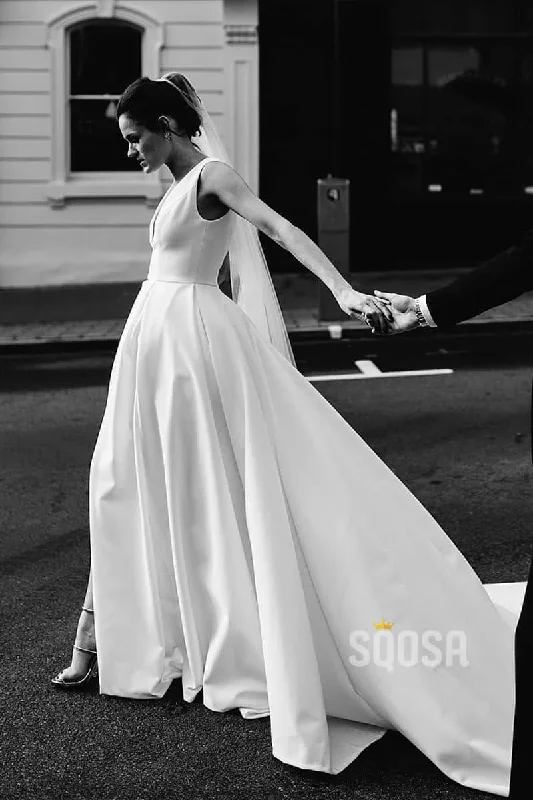 Price Reduction pleated dressStunning v-neck White Satin Simple Wedding Dress Bridal Gowns QW0827