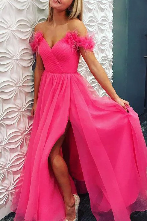 Price Drop Pink A line Off the shoulder Long Prom Formal Dresses GJS243