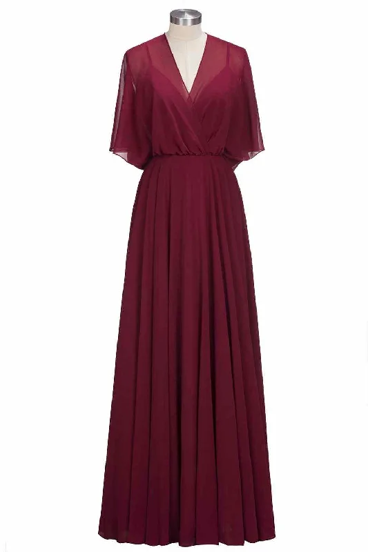 Price Reduction one-shoulder dressBurgundy A-line V Neck Bow Tie Back Chiffon Crepe Long Bridesmaid Dress