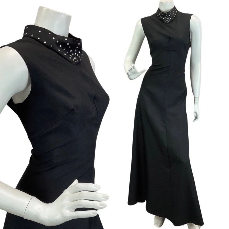 Final Clearance VINTAGE 60s 70s BLACK DIAMANTE HIGH NECK DISCO PARTY EVENING  MAXI DRESS 12 14
