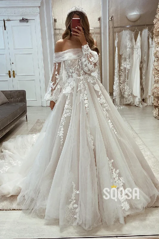 Best Bargains minimalistic dressOff the Shoulder Lace Appliques Long Sleeves A-line Wedding Dress QW2406