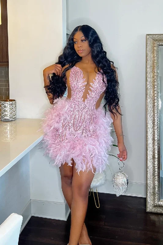 Major Savings long sleeve dressIllusion Deep V Neck Beads Feather Pink Homecoming Dress for Black Women QH2512