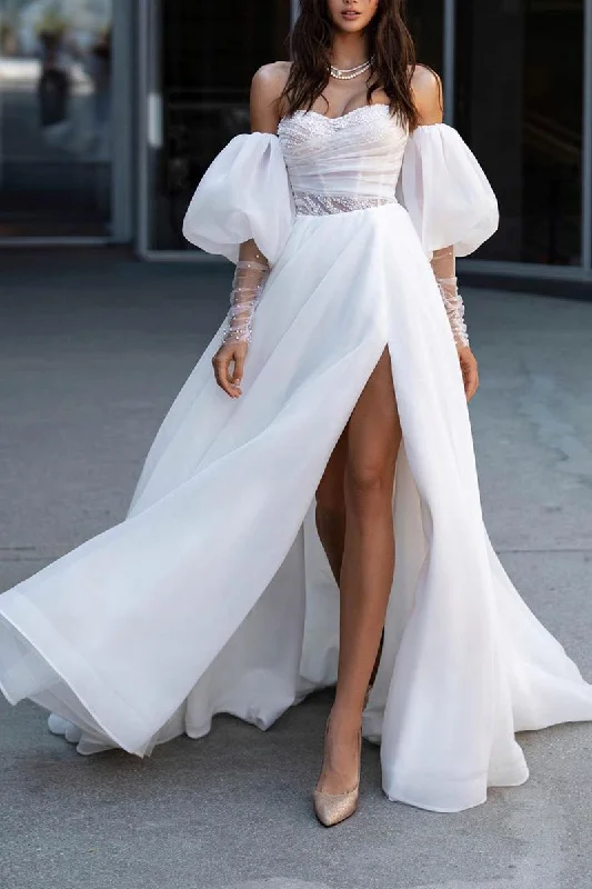 Act Fast stylish party dressA Line Sweetheart Hall Casual Wedding Dress with Sleeves Pearls Rustic Bridal Gowns QW2587