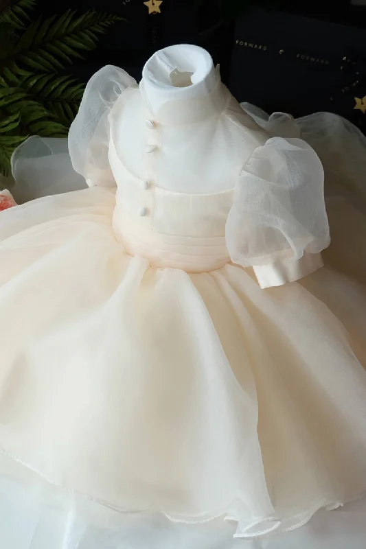 Price Fest pleated dressUnique High Neckline Soft Tulle Short Sleeves Flower Girl Dress Champagne First Communion Dress QF1031
