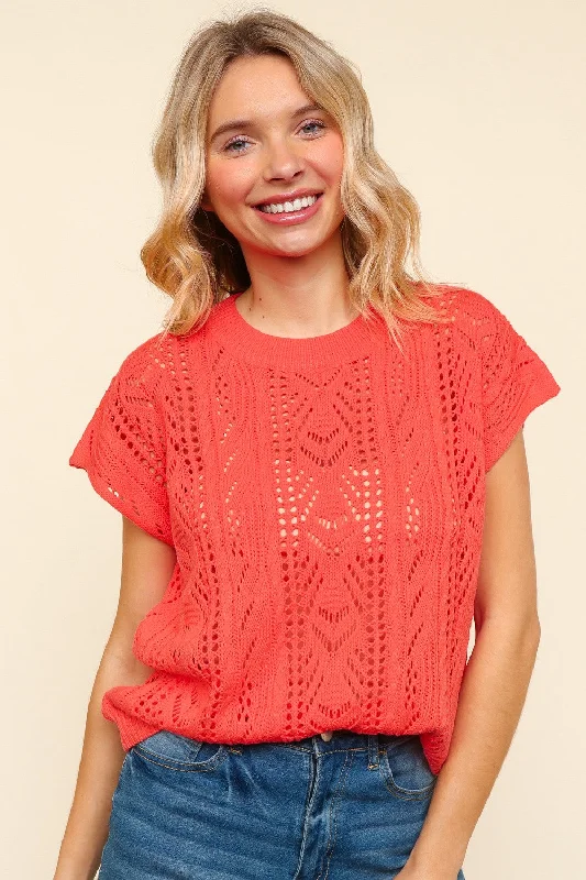 Stock Clearance chic outerwearPLUS CORAL DOLMAN SHORT SLEEVE CROCHET SWEATER KNIT