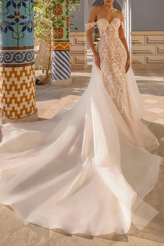 Huge Savings casual day dressRomantic Allover Lace Wedding Dress with Detachable Skirt Off the Shoulder Bridal Gown QW2282