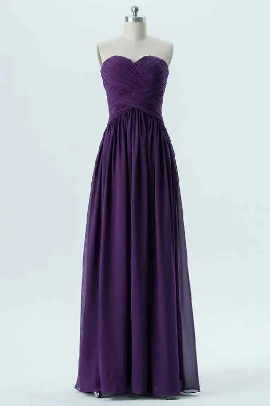 Unmissable Offer elegant evening dressGrape A-line Strapless Pleated Chiffon Long Bridesmaid Dress