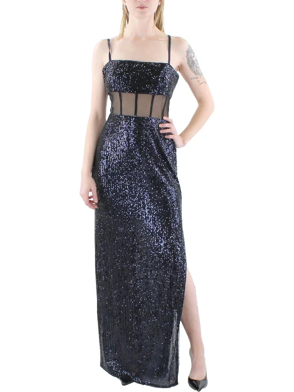Midnight Madness shift dressWomens Sequined Illusion Evening Dress