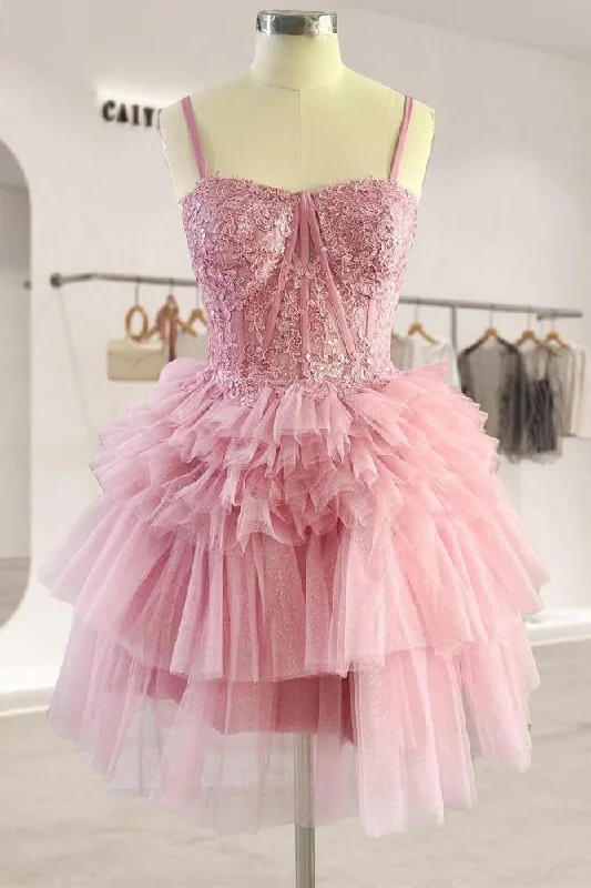 Extra Discounts cocktail dressBlush Appliques Tiered Ruffle Short Homecoming Dress