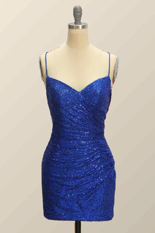 Super Savings one-shoulder dressRoyal Blue Sheath Lace-Up Back Pleated Sequins Mini Homecoming Dress