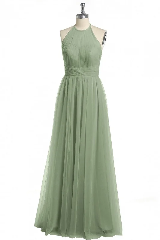 Extra Savings vintage-inspired dressDusty Sage A-line Halter Tulle Long Bridesmaid Dress