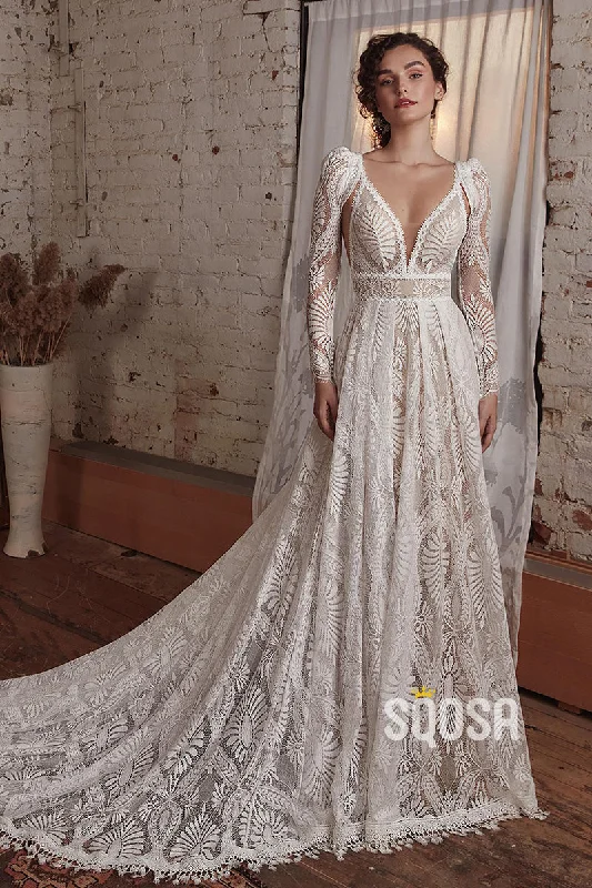 Best Seller lace-up dressPlunging V-Neck Long Sleeves Romantic Lace Bohemain Wedding Dress Bridal Gown QW2136